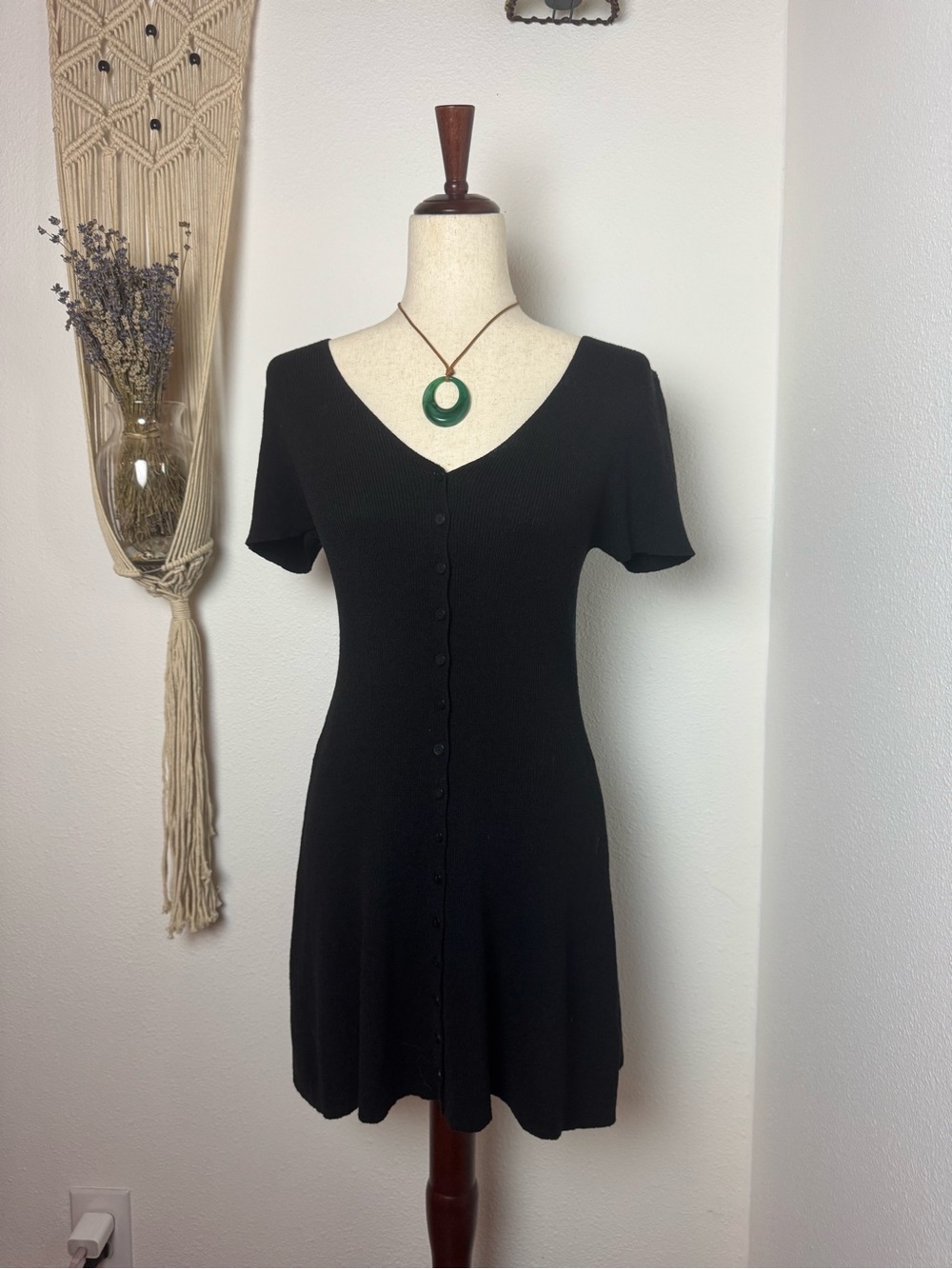 Women's Black Button-Front V-Neck Mini Dress